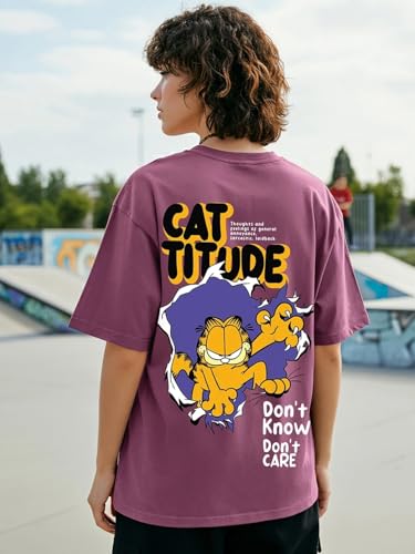 Image of Bewakoof X Garfield Garfield Women's 100% Cotton Graphic Print Oversized Fit Half Sleeve V-Neck T-Shirt | Casual wear | Streetwear | Oversized Tshirt for Woman Cotton| Baggy