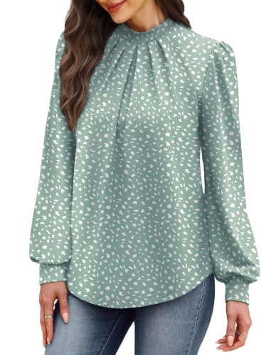 Image of WIHOLL Long Sleeve Shirts for Women Mock Neck Tops Pleated Front Blouses Dressy Casual Spring Fall Clothes 2026 Fashion