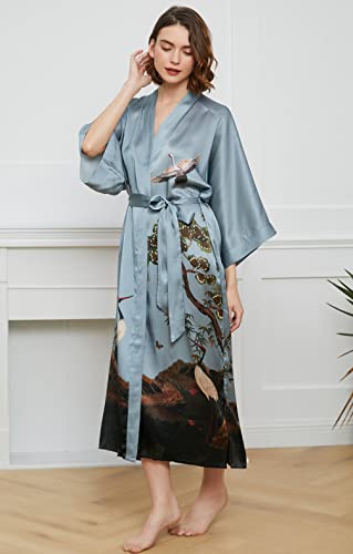 Ledamon Women's 100% Silk Kimono Long Robe - Classic Colors And Prints (Blue Gray) #TOP2