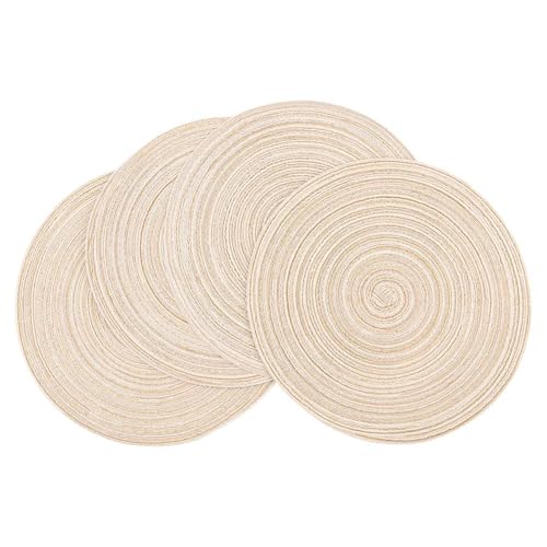 Round Braided Placemats Set of 4, Cotton Heat Resistant Non-Slip Placemats, Washable 15 Inch Woven Table Mats for Kitchen Tables Dining (Beige)
