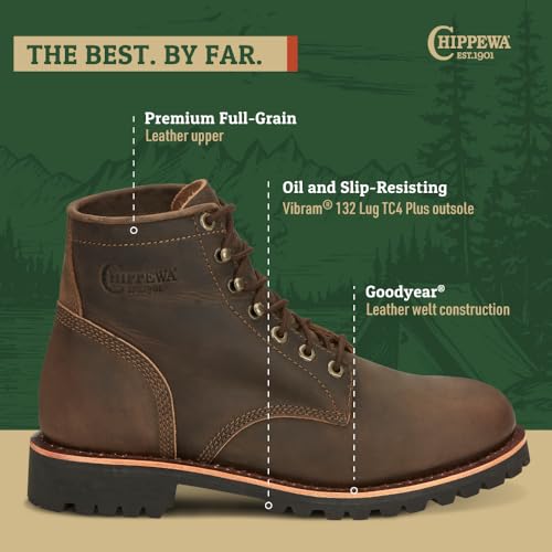 Chippewa Classic 2.0 Men's Work Boots - Soft Toe Heritage Leather - Orthotic Comfort Footbed - Full-Grain Upper - Oil & Slip-Resistant Vibram Outsole - Chocolate Apache - 10 Wide by Chippewa - Image 3