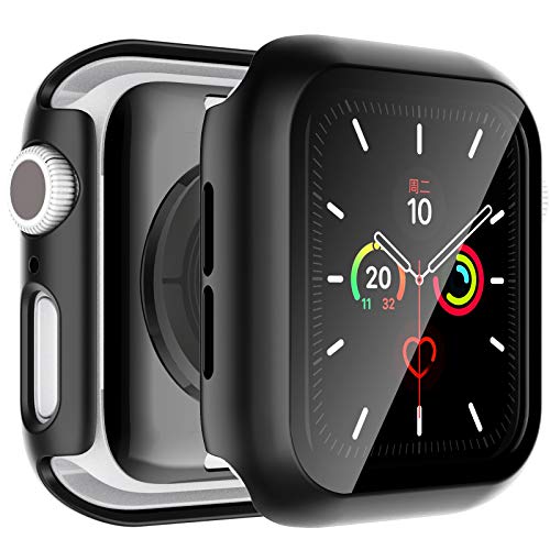 Le^K 2 Pack Case Ingebouwde Gehard Glas Screen Protector voor Apple Watch 44mm Serie 6 5 4 SE - Overall Hard PC beschermhoes HD Clear Ultra Thin Cover voor iWatch 44mm Serie 6 5 4 SE - Zwart