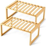 BrightRow 2 Pcs Kitchen Cabinet Organizer Bamboo Bookshelf Bamboo Kitchen Shelves, Cabinet Shelf Organizer, Storage Shelves for Pantry Bathroom Dining Room Study Laundry