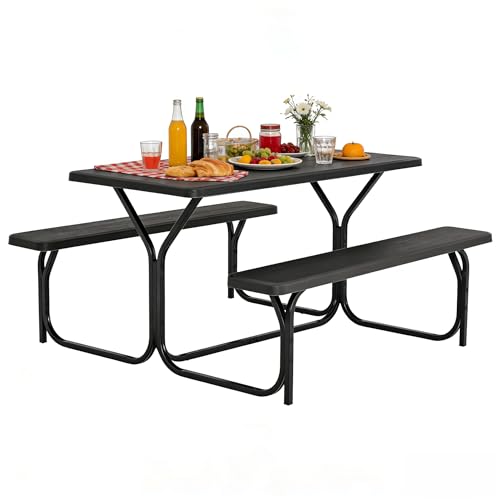 COSTWAY Outdoor Picnic Table, HDPE Plastic Picnic Table Bench Set with Weather Resistant Tabletop & Wood Texture, Ideal for Patio, Backyard (59