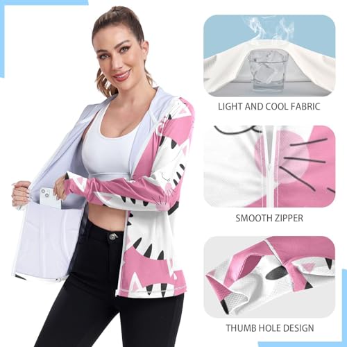 KLL Moletom feminino com capuz leve com zíper Rash Guard, proteção FPS 50+, desenho de gato, fofo, m