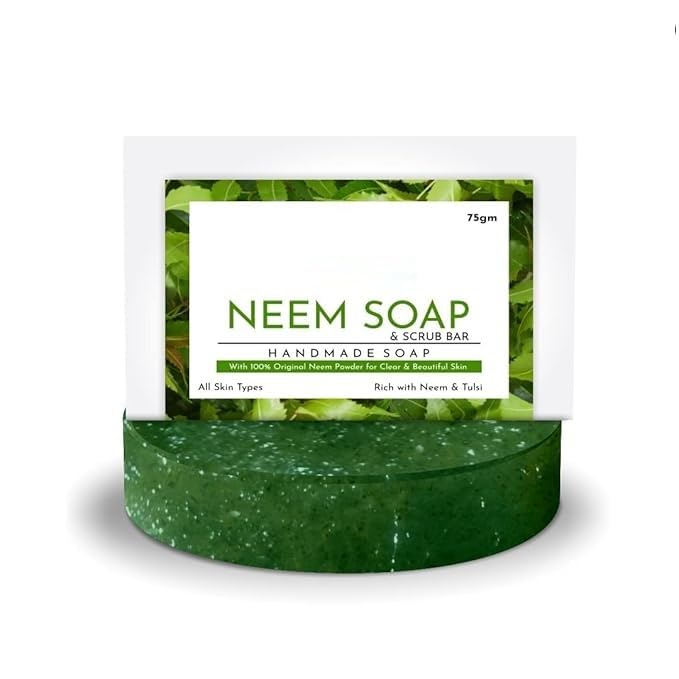 Handmade Purifying Neem Original SCRUB BAR (Pack of 3,) For Acne; Pimples And Rashes Facial And Body Bathing Bar(With original NEEM PETALS & OIL) NO Synthetic Fragrance