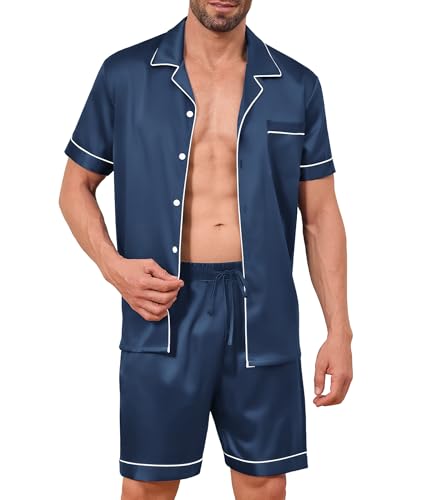 Elainone Marineblau Herren Seiden Pyjama Set Kurzarm – Satin Schlafanzug, Atmungsaktiv & Elastisch, Zweiteiliges Pyjama Set für Schlafen & Zuhause...