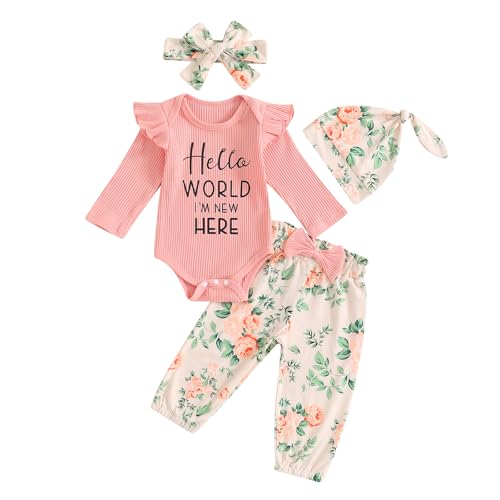 Image of Endorothii Newborn Baby Girl Coming Home Outfit Long Sleeve Romper Bodysuit Floral Print Pant Set Cute Fall Winter Clothes