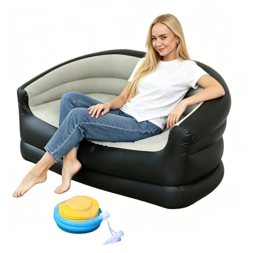 Sofá inflable de 2 plazas, sillón hinchable con bomba de pies, sofá de aire para camping al aire libre, sofá hinchable con superficie flocada, sofá inflable portátil para salón, balcón, jardín (marrón
