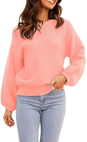 ARTFREE Womens Ribbed Knit Crewneck Sweater Lantern Sleeve Casual Loose Stretchy Solid Fall Winter Sweaters Pullover Tops Pink L