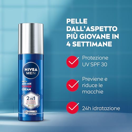 NIVEA MEN Luminous630 Anti-Age Power Cream 2in1 SPF30 50 ml, Crema viso uomo antirughe e antimacchie, Crema viso Acido Ialuronico e Thiamidol brevettato, Skincare uomo quotidiana con SPF 30