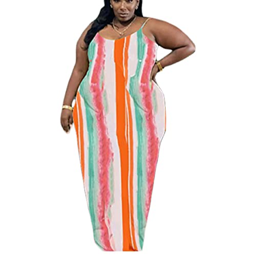 Image of BFFBABY Womens Summer Suspender Maxi Dress Plus Size Striped Printed Sleeveless with Pockets and Belt