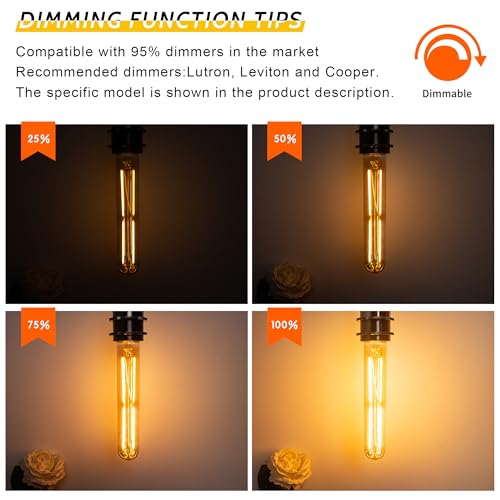 Image of Tubular Light Bulb 7.3 Inch Dimmable T10 LED Bulb E26 6W 60 Watts Edison Bulbs Amber 2200K Warm White,185mm Long for Wall Sconces, Pendant, Livingroom, 4-Pack