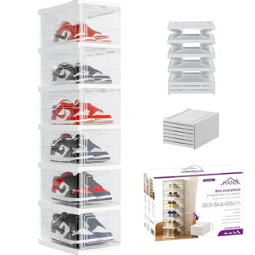 HAND Scatole Porta Scarpe Impilabili Trasparenti – Set 6 Box Salvaspazio con Apertura Frontale – Organizer in Plastica Rigida per Tenere le Scarpe in Ordine (Set 6 Box)