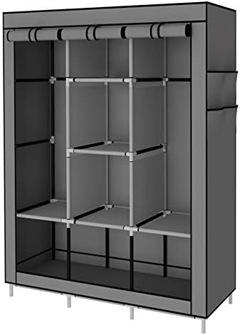 ACCSTORE Canvas Wardrobe Cupboard Clothes Storage Organiser With 2 Hanging Rail and 6 Shelves,Grey