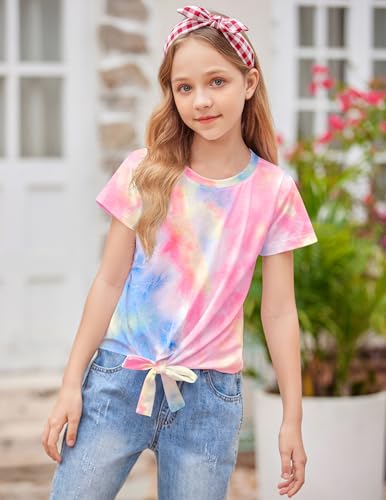 Image of Arshiner Girls Short Sleeve Shirts Tie Knot Front Tops T Shirts for Kids Crewneck Cute Casual Tie Dye Tee Blouse