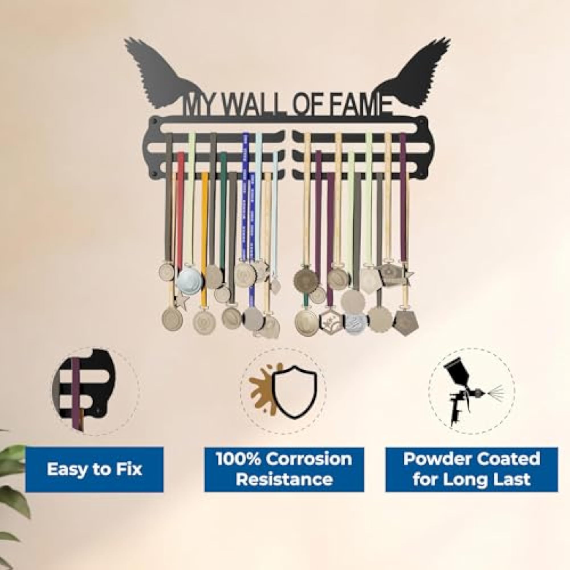 Large Metal Wall Display for Up to 90 Medals, Glossy Finish