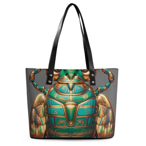 Sac à main en cuir motif litchi scarabées égyptiens grand format