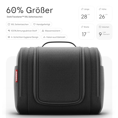 Travelaner® Kulturbeutel Design 2026, XXL 3-in-1 Kulturtasche zum Aufhängen mit 9 Liter Stauraum für Damen und Herren, Kosmetiktasche für Reise, Große Waschtasche, Waschbeutel, Schwarz