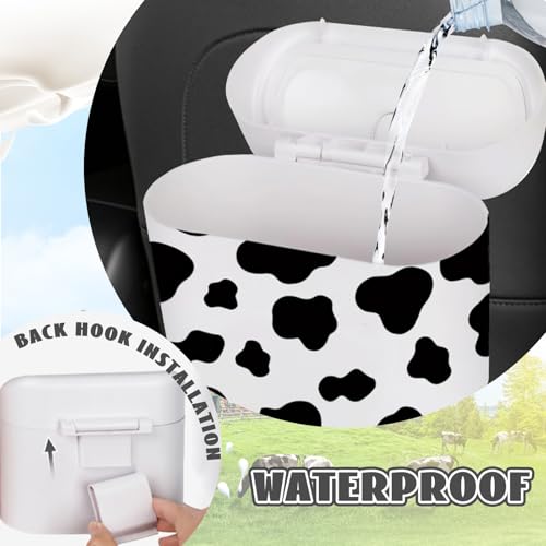 Image of SuperKaKa Car Cow Print Trash Can - White Garbage Organizer Holder with Black Trash Bag Rolls, Cute Automotive Dustbin for Most Cars Interior Accessories (1, White)