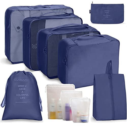 Rangement Valise Lot de 10, Organisateur de Valise et Bagage Organisateur de Sac, Packing Cubes Voyage Pochette Rangement, pour Voyage, sacs à vêtements, sacs à chaussures (Bleu foncé) Cover