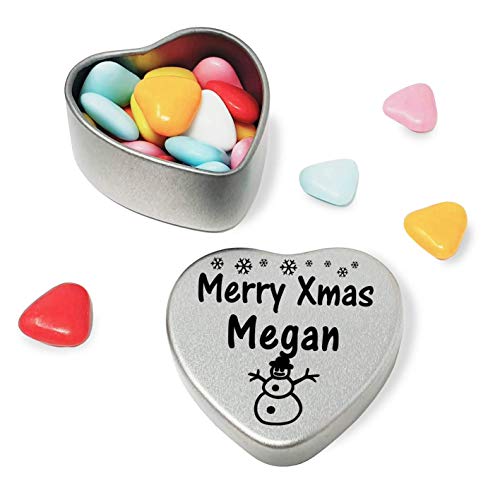 Gift In Can Merry Xmas Megan Heart Shaped Mini Tin Gift filled with mini coloured chocolates perfect christmas card alternative for Megan Fun Festive Snowman Design