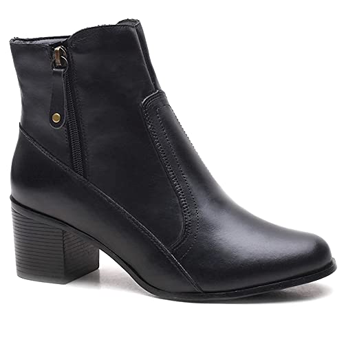Bota Feminina Cano Curto Em Couro Legítimo Salto E Zíper (Preto, br_footwear_size_system, adult, num