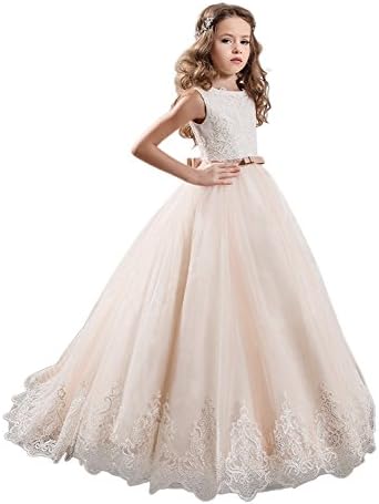 KissAngel Ivory Long Lace Flower Girl Dresses Champagne Less Party Dress