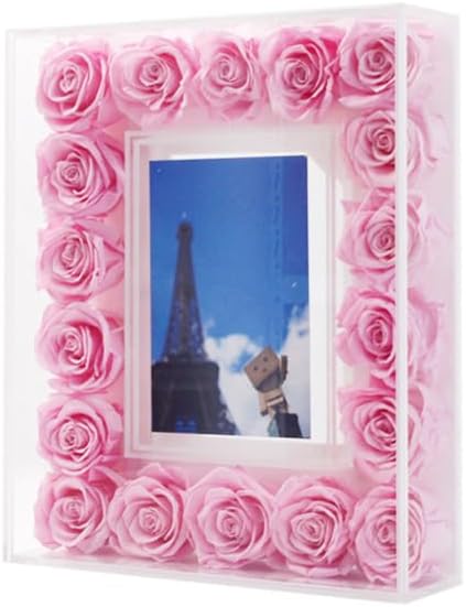 Decorative Acrylic Photo Frame with Pink Rose Border, Clear Display Box, 25x30x6.8 cm, Valentine's Day Gift, Wedding Album