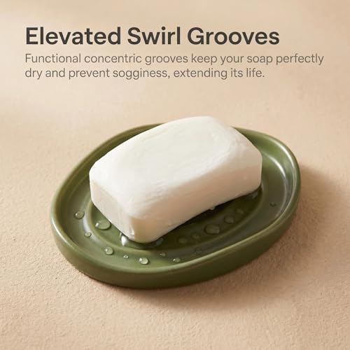 Image of Ceramic Soap Dish with Swirl Grooves, Easy to Clean Soap Holder, Soap Saver Tray for Bathroom, Kitchen & Shower (Green)