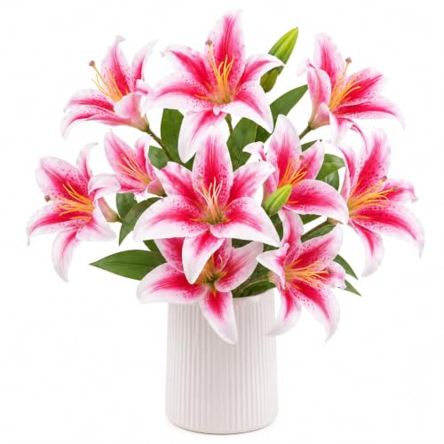 Image of CURATED CART 1 Pcs Lily Artificial Flowers Bunch for Home Decoration - Big Lily Bouquet for Home Decor - Real Touch Faux Latex Long Stem - Includes 2 Flowers and 1 Half Bloom Bud - Dark Pink