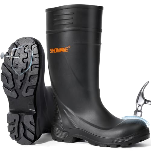 Image of Showave Steel Toe Rubber Work Boots for Men Waterproof Durable Concrete Boots for Hunting Manufacturing Construction
