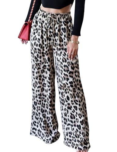 Flygo Women's Leopard Print Wide Leg Pants High Waisted Palazzo Straight Flowy Baggy Work Casual Trousers with Pockets