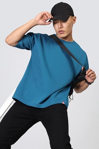 Image of SHODOX Men Oversized T Shirt Solid Dotted Design | Round Neck Loose Fit Drop Shoulder Casual T-Shirt for Men