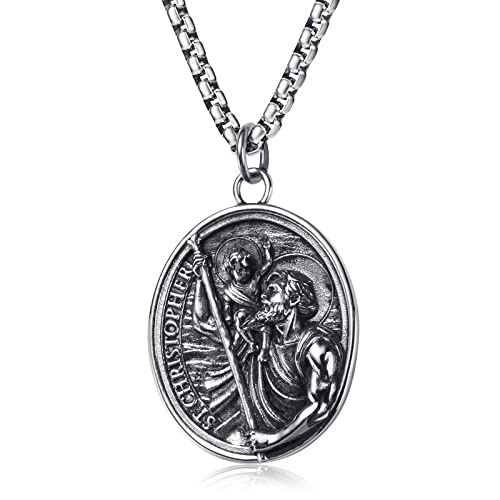 WESTMIAJW Pendentif Collier Homme Médaille Saint St Christophe Patron Chaîne en Acier Inoxydable Argent 60cm Cover