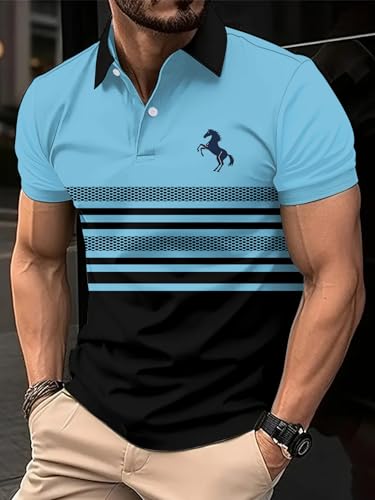 Men's 3D Print Polo Shirts Short Sleeve, Quick Dry Striped Golf Polo Shirts, Lightweight Casual Collared T Shirt for Summer