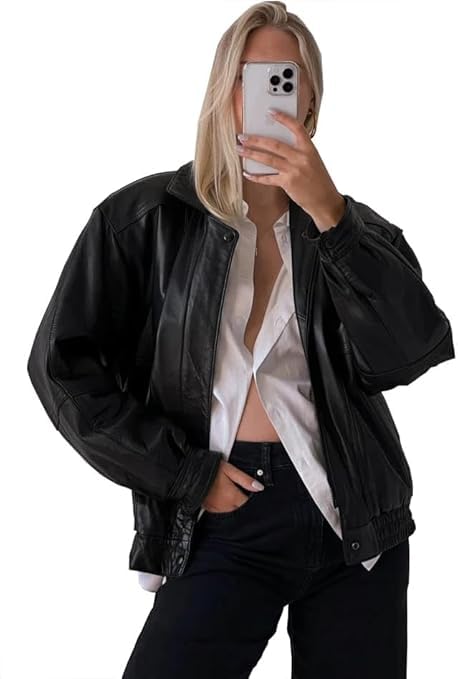 Women's Oversized Genuine Leather Bomber Jacket Plus Size Moto Biker Coat3