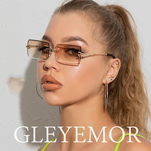 Gleyemor Rimless Rectangle Sunglasses For Women Mens Fashion Vintage Frameless Square Glasses With Gradient Lens (Gradient Tea) #TOP3