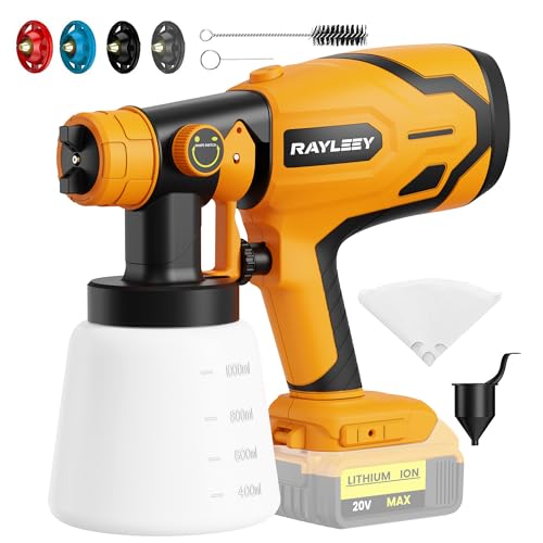 RAYLEEY Cordless Paint Sprayer Compatible with DEWALT 18V Battery 600W Electric HVLP Spray Gun 1000ml Container 3 Copper Nozzles for Fences Walls Ceiling Cabinets Tool Only (Style A)