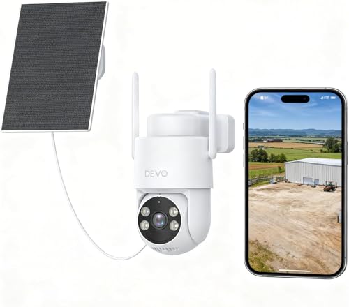 Image of Devo Solar Security Camera Wireless Outdoor for Home, 2.3K Color Night Vision, 360 AI /PIR Human Detection, 2-Way Audio, WiFi 6, IP66 Waterproof, Triple Alert System White