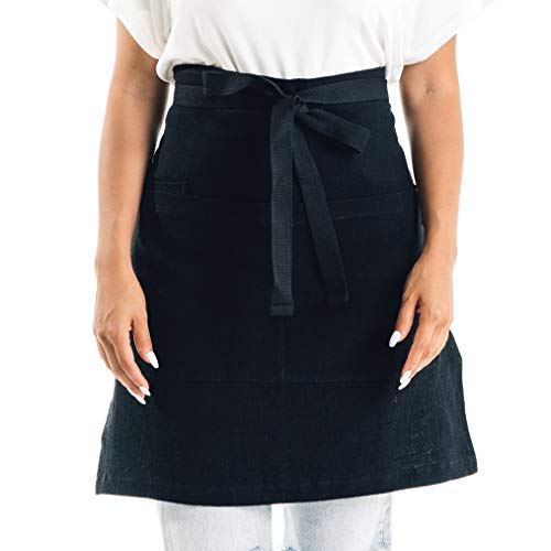 CALDO Linen Bistro Cafe Apron - Professional Grade with 3 Pockets, Half Kitchen Apron Mid Length 23 x 23, 40 Inch Waist Ties - Durable Unisex Uniform- Server or Chef (Black)