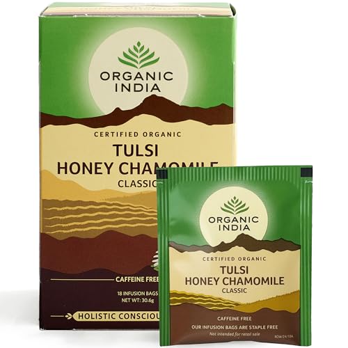 Organic India Tulsi Honey Chamomile Tea - Organic Tulsi & Chamomile Infusion - Softly Sweet Herbal Blend with Honey Notes - Caffeine-Free for Relaxation - 18 Individually Wrapped Tea Bags