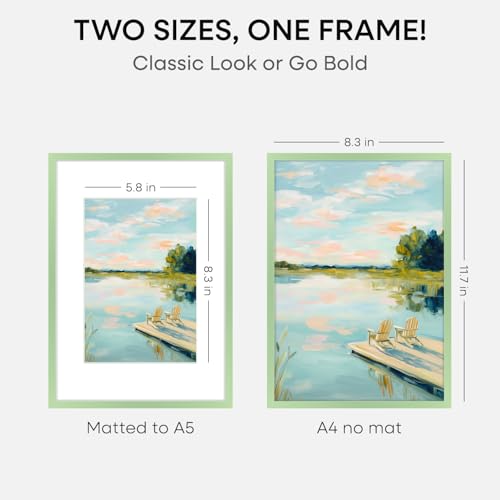 Image of Homeforia A4 Picture Frame Sage Green, High End Metal 8.3 x 11.7 inch Poster Frames with Mat 5.8 by 8.3 Art, A4 Size Frame Matted to A5 Photo, 8.3x11.7 Wall or Tabletop Frame, Tempered Glass, Set of 1