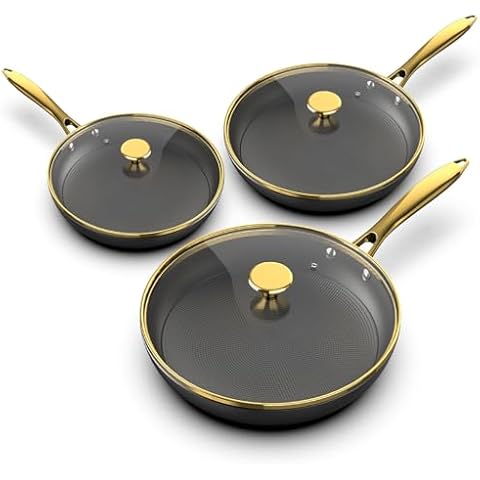 imarku Non Stick Frying Pans, Nonstick Cast Iron Skillets 3 Pcs - 8 Inch, 10 Inch, 12 Inch Frying Pans Nonstick with Lid, Cast Iron Pan, Professional Nonstick Frying Pan, Valentines Day Gifts Cover