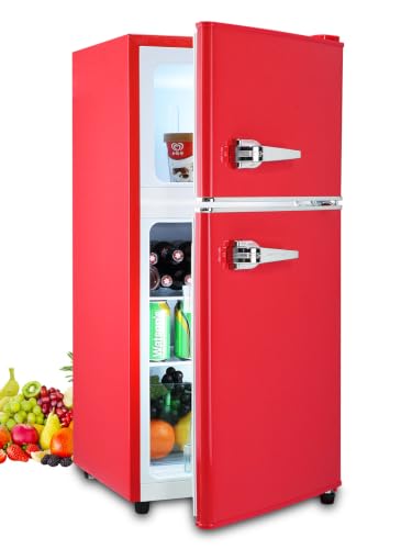 Image of KRIB BLING Mini Fridge With Freezer,Refrigerator With 2 Doors,7- Level Adjustable Thermostat, Removable Glass Shelves For Bedroom, Office, Kitchen, Apartment, Dorm, 3.5 Cu. Ft Red