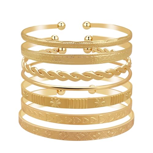 FUNOJOY Gold Bangle Bracelet Set, Multi Layer Stackable Bracelets for Women, Elegance Charms Gold Bangles Boho Open Adjustable Bracelets Jewelry Gift for Her