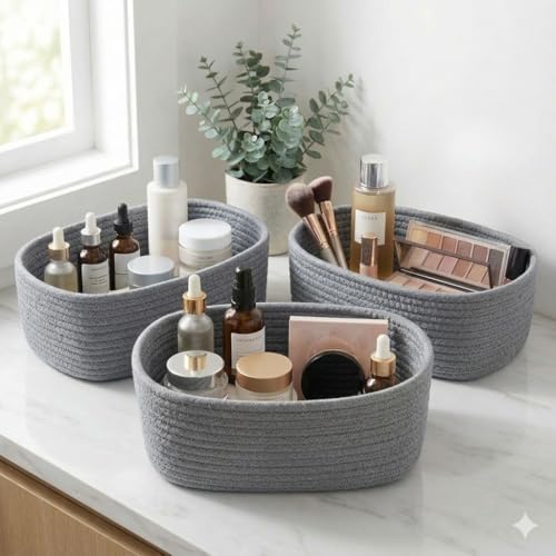 Image of 100% Natural Jute small box mini rope paper storage Round hamper baby nursery tray bucket for Living Kitchen, Drawing Room,fruits, kitchen, office, (grey 3 set)