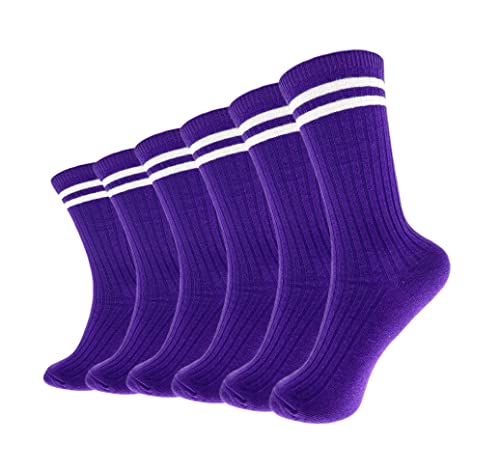 Hycome 6 Pairs Comfortable Casual Cotton Socks for Women Girls and Students (Purple 2 lines)