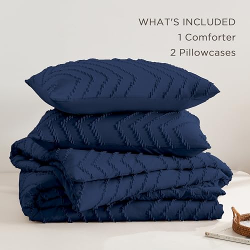 Image of Andency Navy Blue Comforter Set Queen Size, Boho Soft Warm Tufted Bedding Comforter Sets for Queen Size Bed, 3 Pieces Aesthetic Chevron Farmhouse Cute Bohemian Textured Bed Set