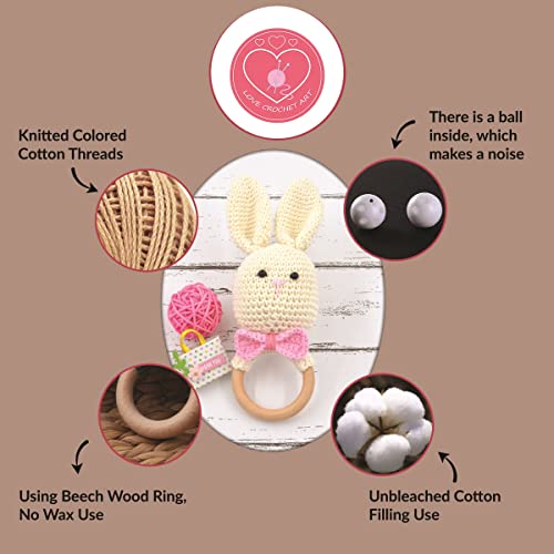 Image of Love Crochet Art Animal Shape Crochet Rattle Cum Soft Toy for Infant, Kids & Babies, Early Age Gift Toys (Bow Rabbit - Cream)